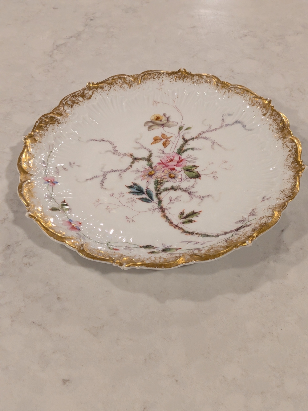 Limoges France White Porcelain Plate with Pink Floral Motif and Gold Trim